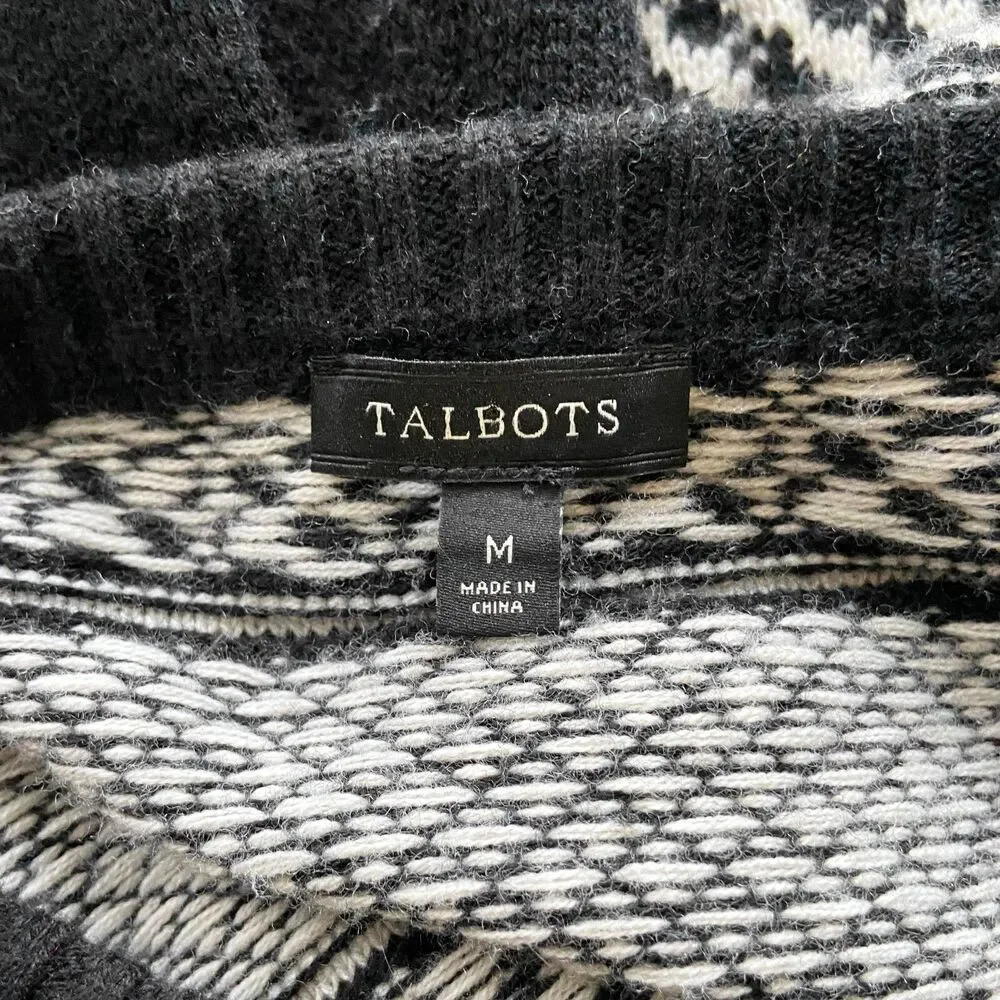 Talbots Crew Neck Sweater Size M Black White Geometric Knit Lambswool Blend
